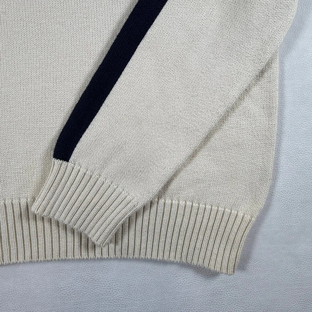 VTG Polo Ralph Lauren Navy Stripe Quarter Zip Pullover Mens Large Cream Sweater